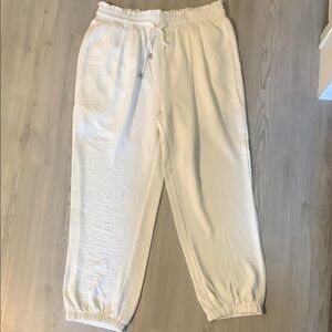 Cream Elastic Waist Track Pants with Cuffed Ankles